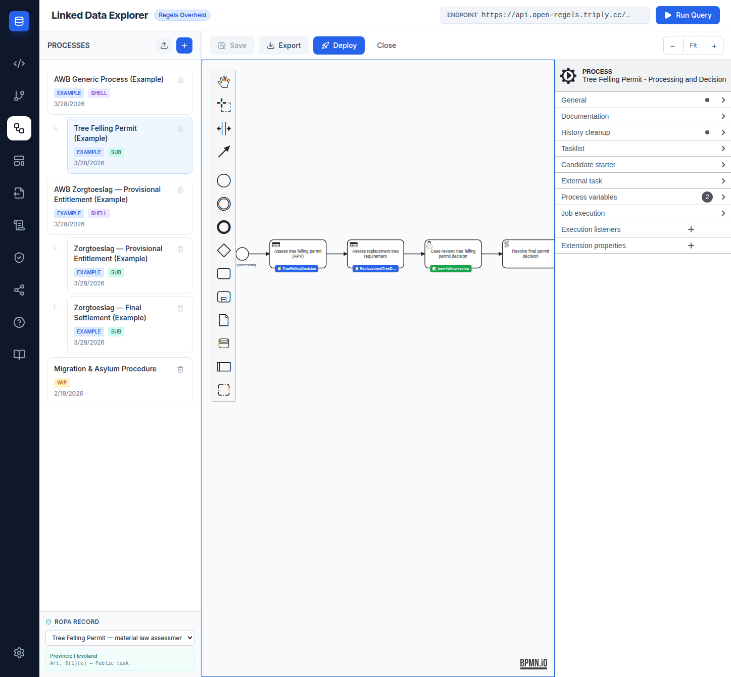 Screenshot: BPMN Modeler process list with the RoPA Record panel visible at the bottom, showing the dropdown with AWB Shell Tree Felling Permit selected and a teal info card below showing the controller name and GDPR article