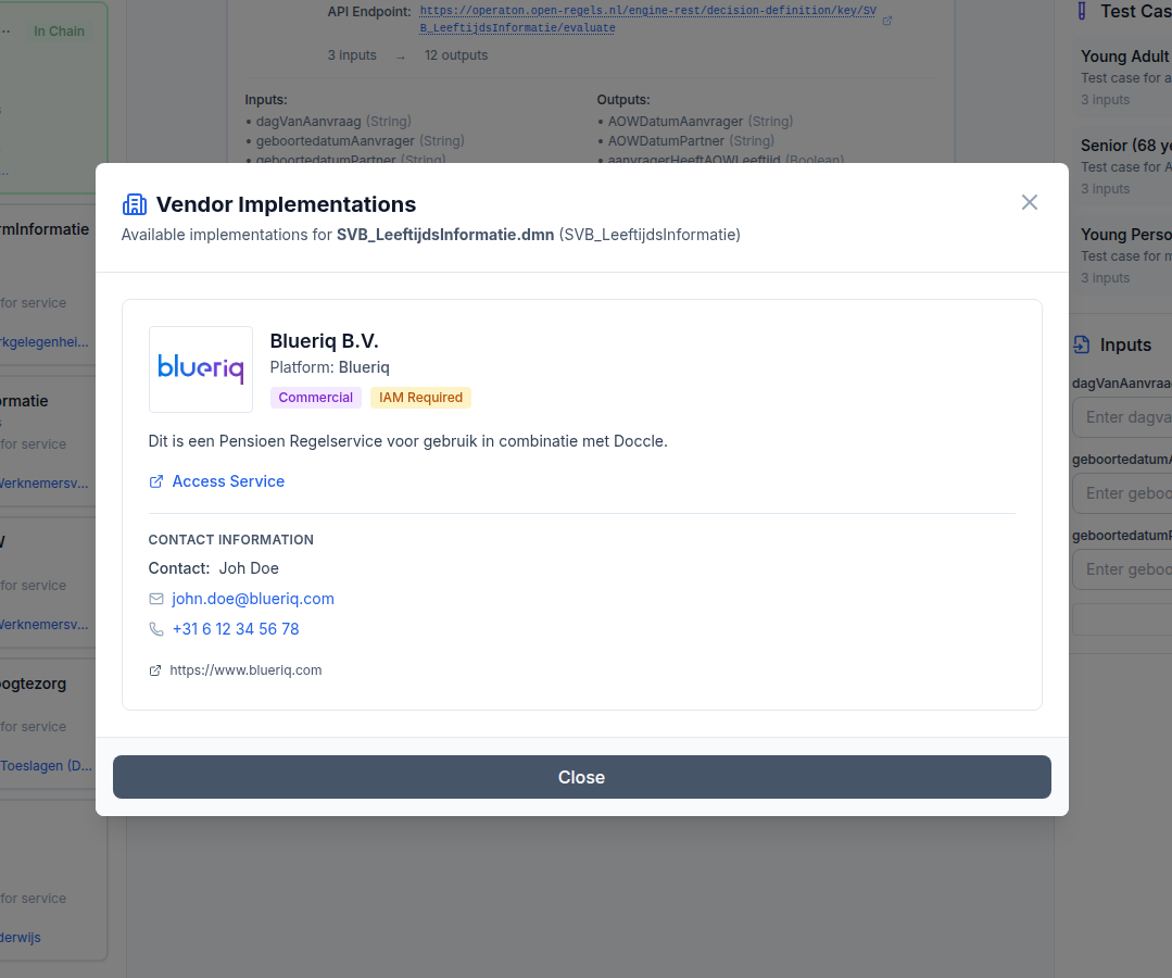 Screenshot: Vendor Services modal showing Blueriq implementation details for a government DMN