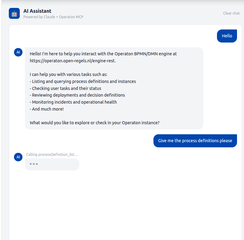 Screenshot: AI Assistant status line reading 'Calling processDefinition_list…' above the three-dot typing indicator