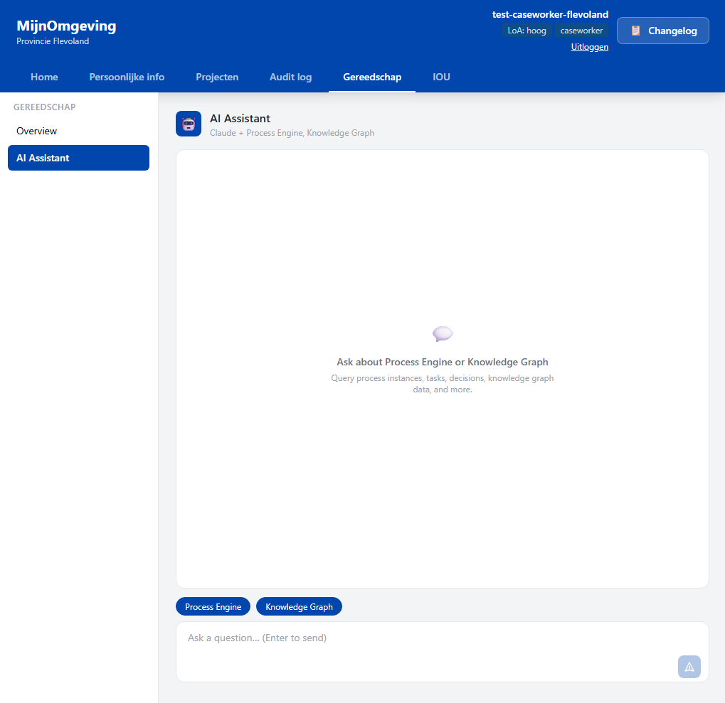 Screenshot: AI Assistant empty state showing a central chat bubble icon and the prompt text 'Ask about your Operaton instance' with example topics listed below