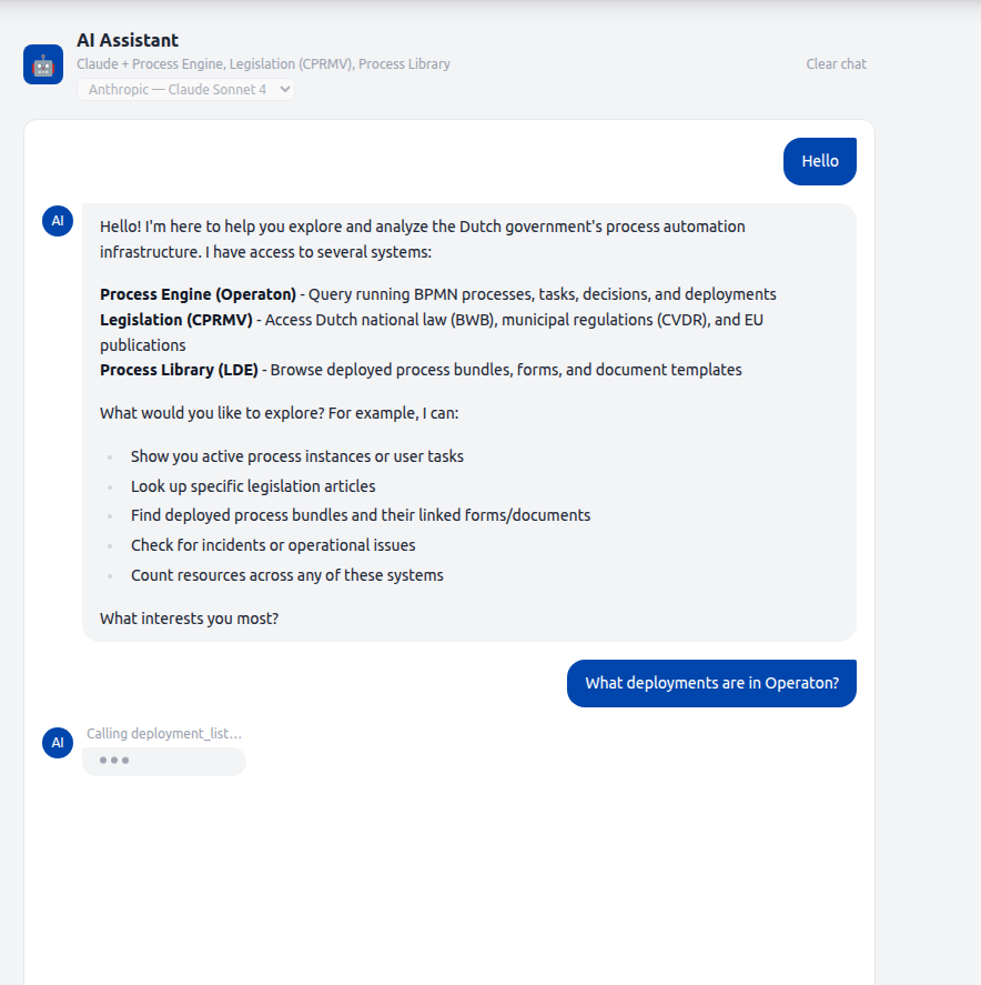 Screenshot: AI Assistant mid-response: assistant bubble filling with streamed tokens while a status line above the typing dots reads 'Calling deployment_list…'