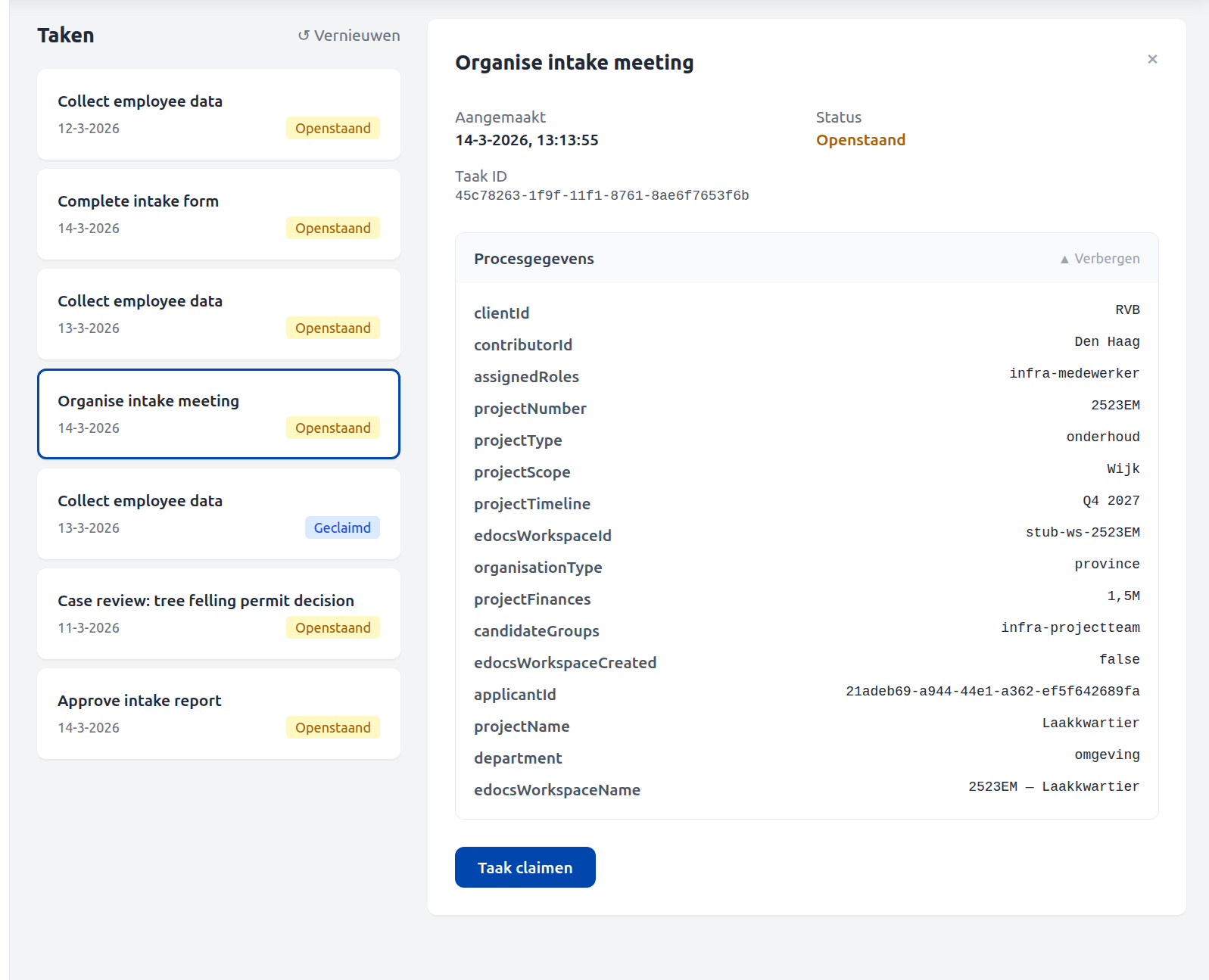 MijnOmgeving task panel showing Organise intake meeting with process variables including edocsWorkspaceId