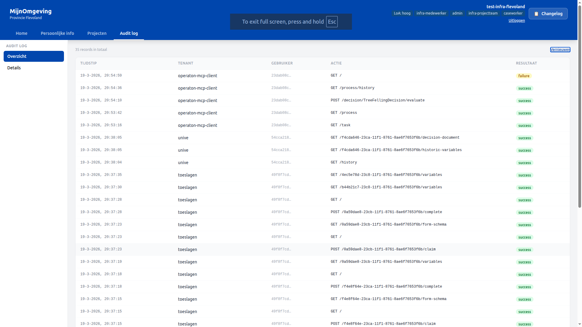Audit log showing operaton-mcp-client M2M entries alongside regular caseworker entries. The failure entry at the top is a tenant-scoped route test.