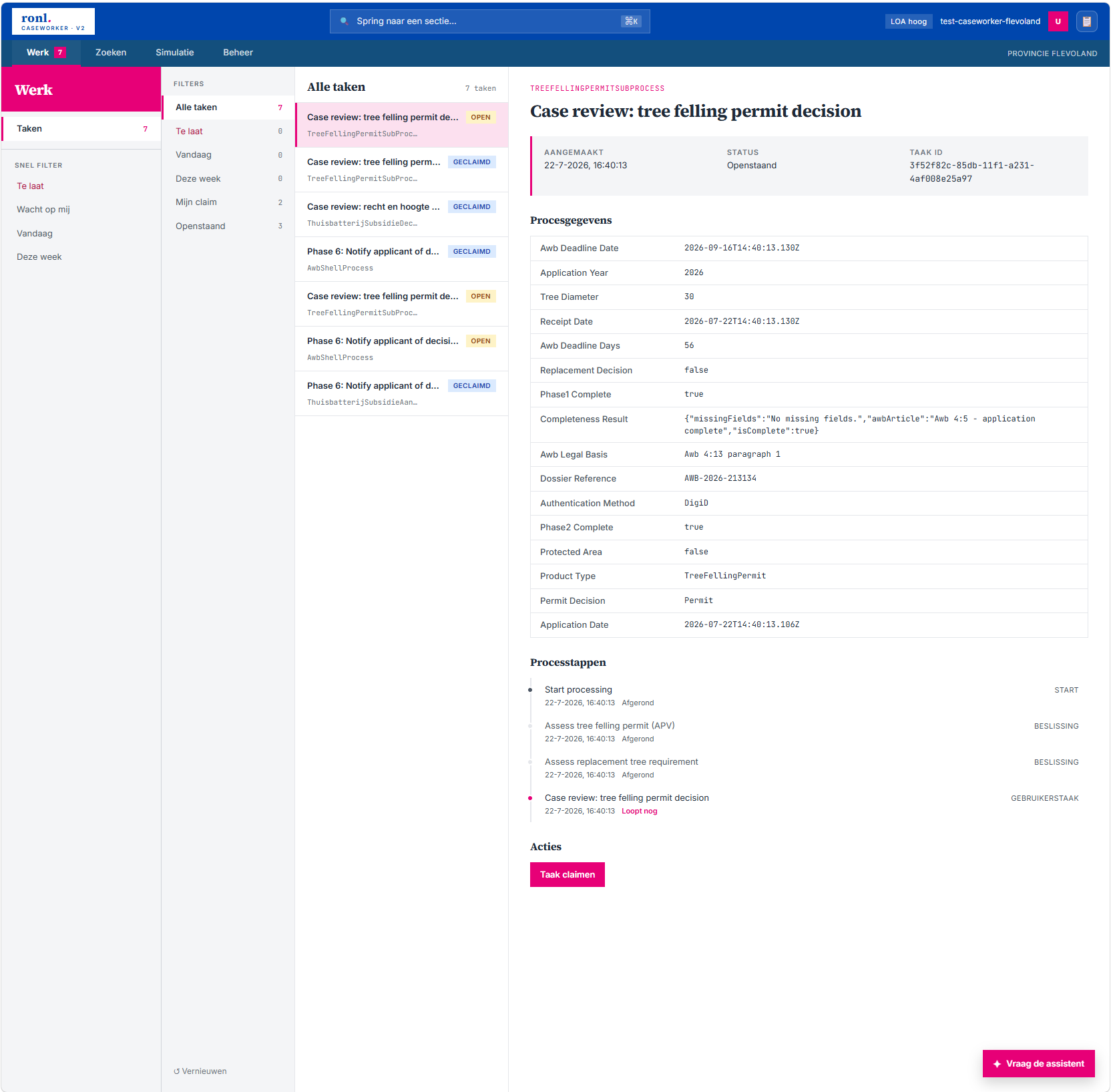 Screenshot: RONL Business API Caseworker board showing tasks, claims and deadlines per case