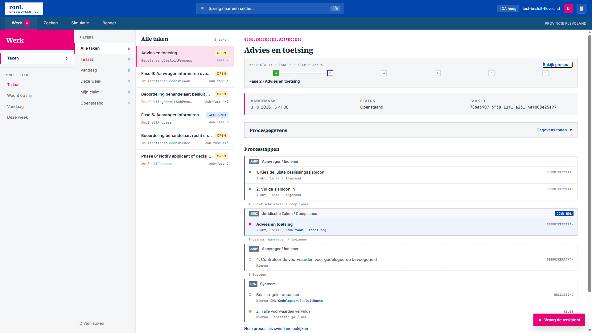 Screenshot: a Besluitvorming task in the Caseworker Taken inbox, with the Waar sta ik stepper showing the process's own six phases and the line Waar sta ik · Fase 2 · stap 2 van 6