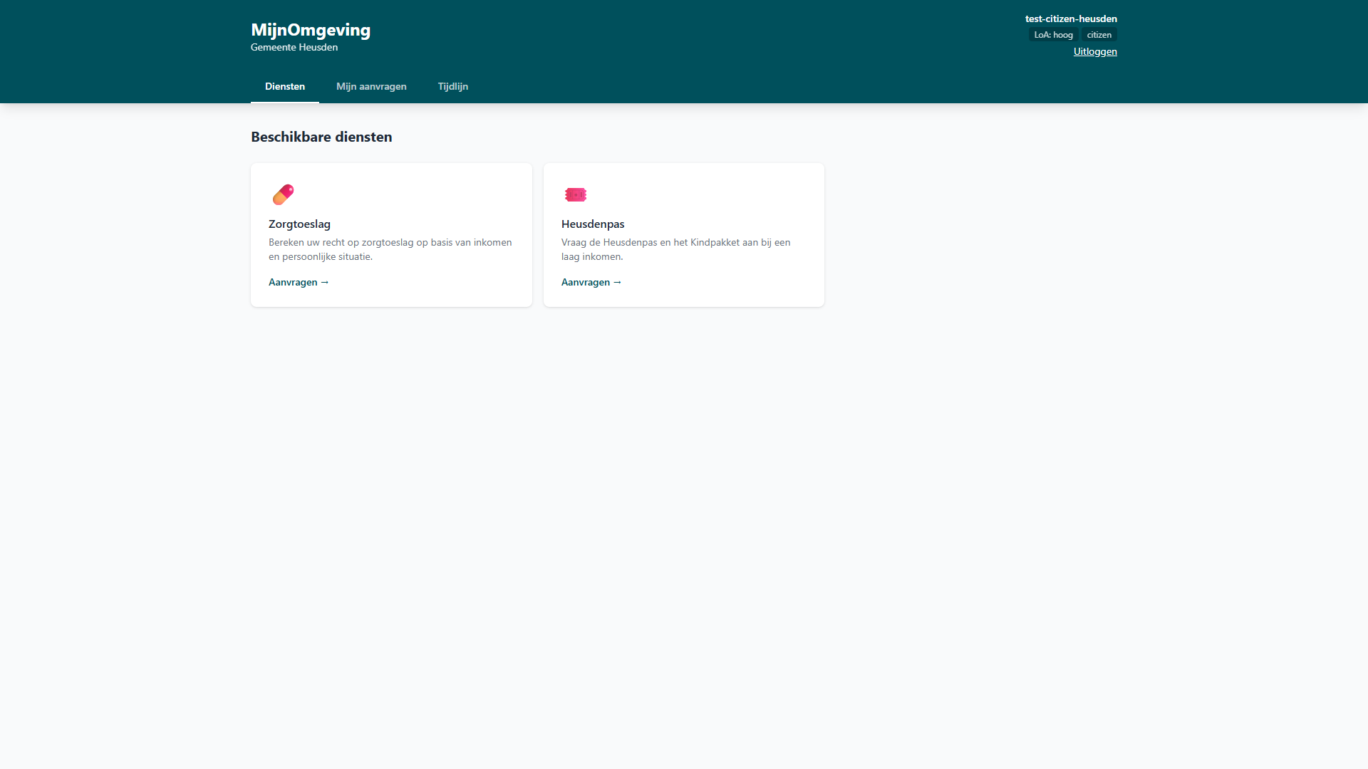 Screenshot: MijnOmgeving for a resident of Gemeente Heusden, with the tabs Diensten, Mijn aanvragen and Tijdlijn and two service cards under Beschikbare diensten — Zorgtoeslag and Heusdenpas