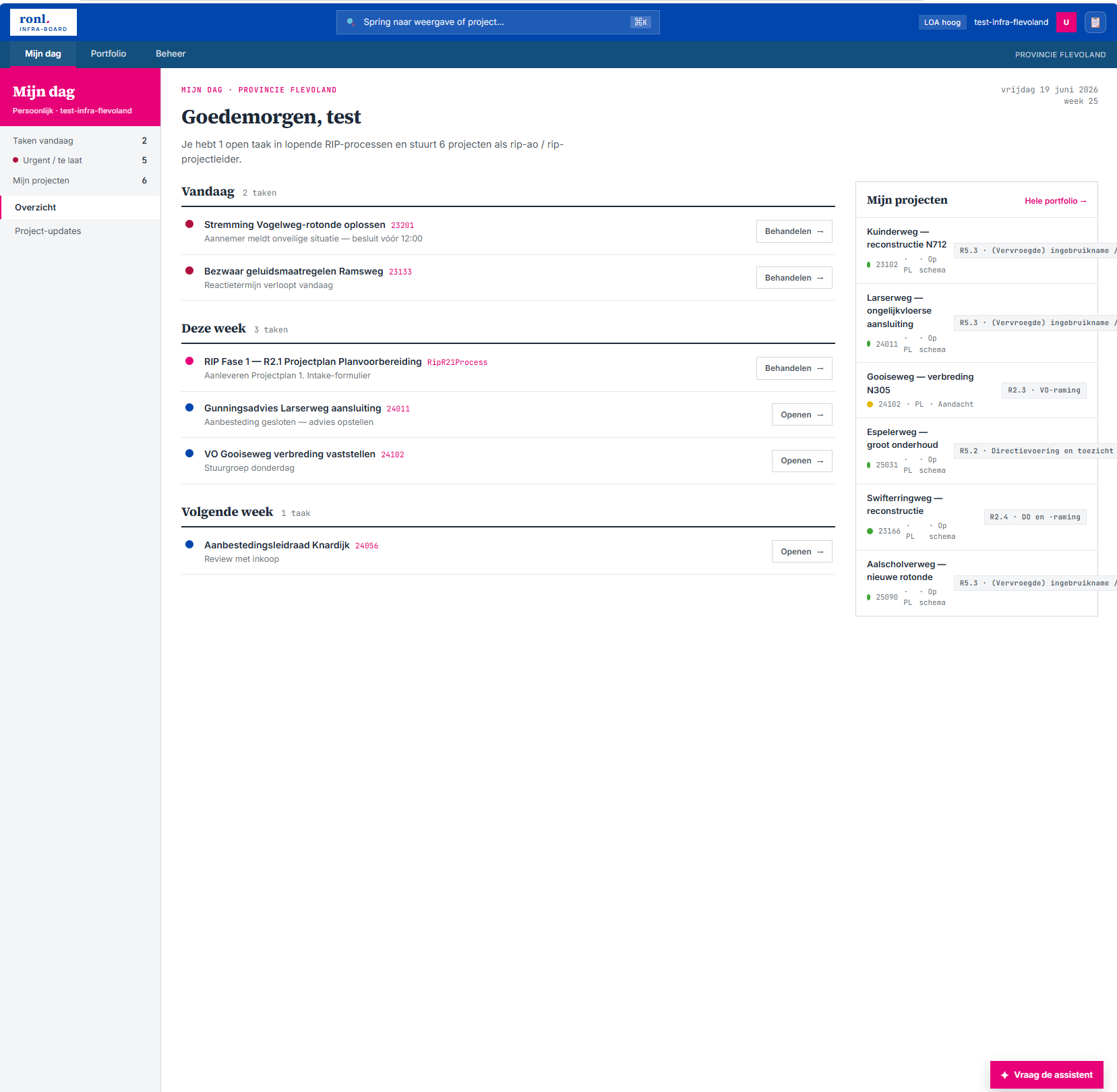 Screenshot: RONL Business API Infra-board showing phase swimlanes with per-project status