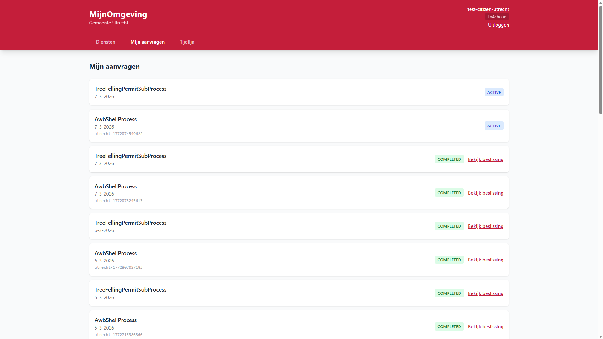 Screenshot: RONL Business API Kapvergunning Application list
