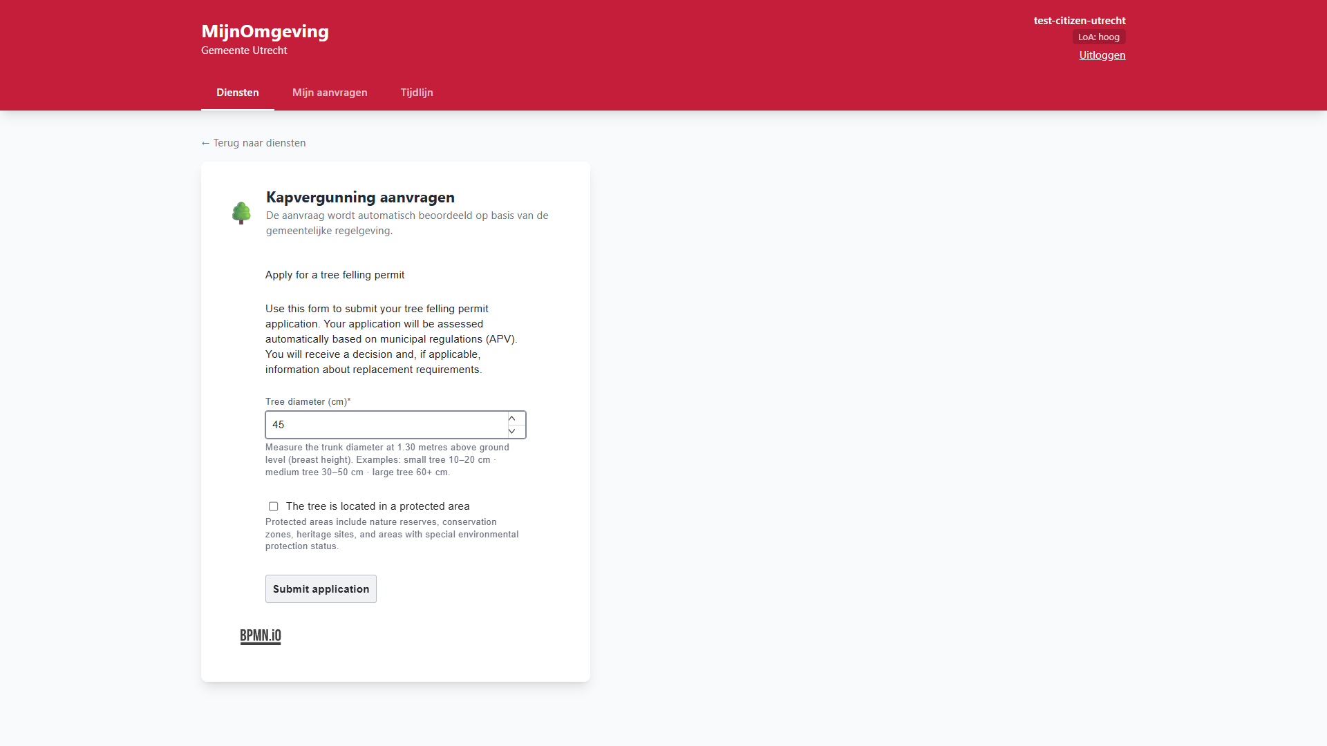 Screenshot: RONL Business API Kapvergunning Form