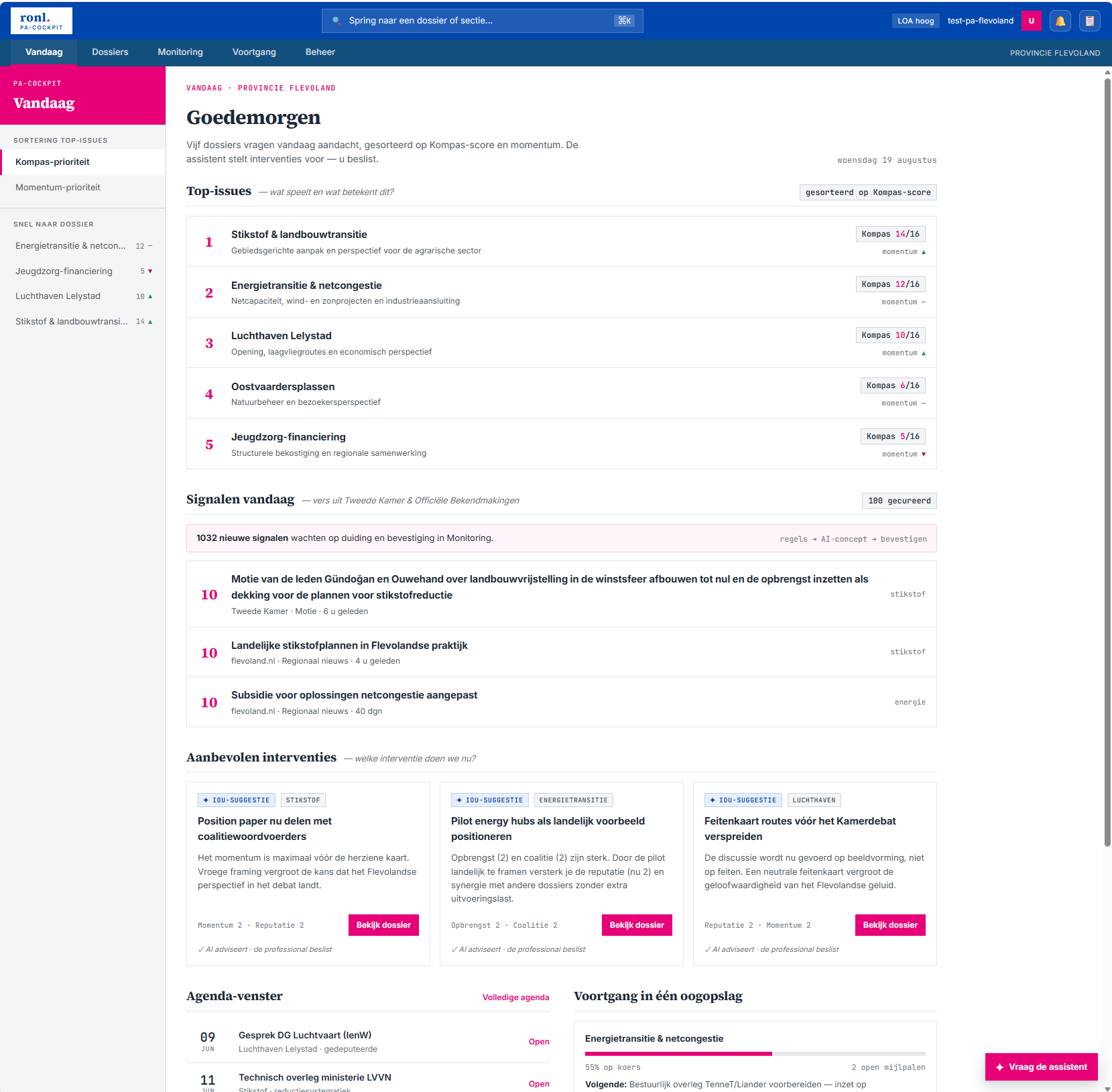 Screenshot: RONL Business API PA-Cockpit board showing dossiers and issues for administrative steering