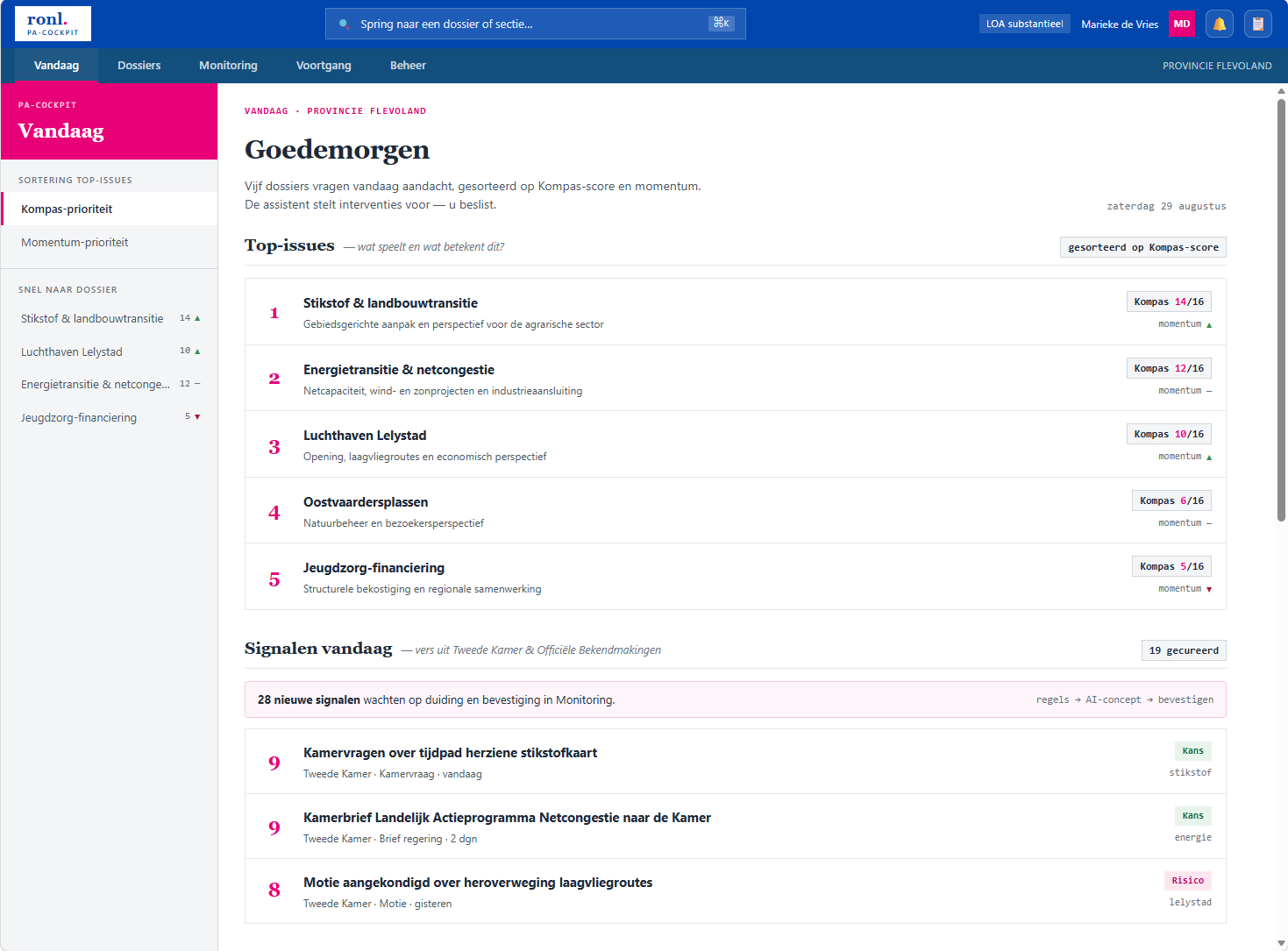 Screenshot: PA-Cockpit demo running publicly at acc.plato.open-regels.nl with no sign-in