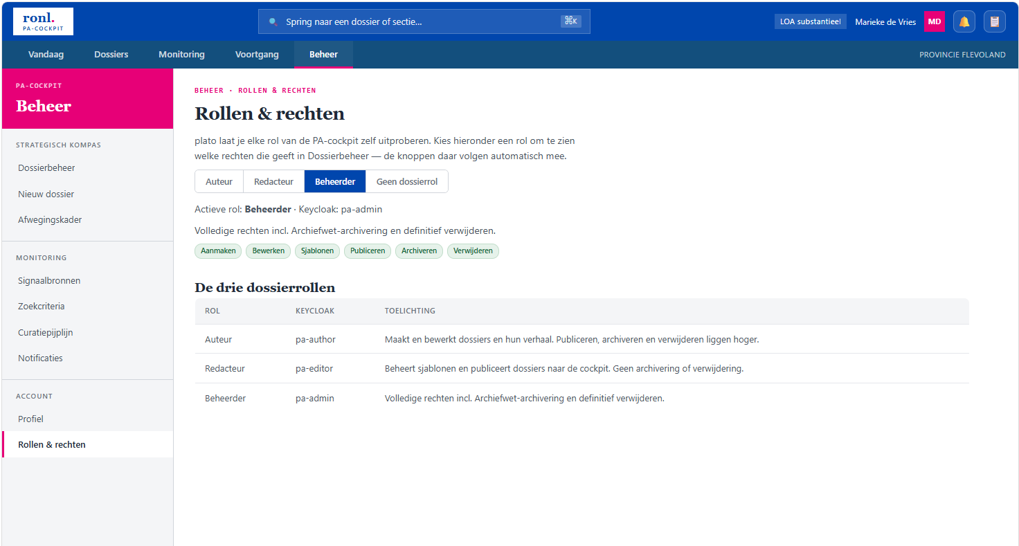 Screenshot: the demo's Rollen & rechten page with the four selectable role positions and the capability table