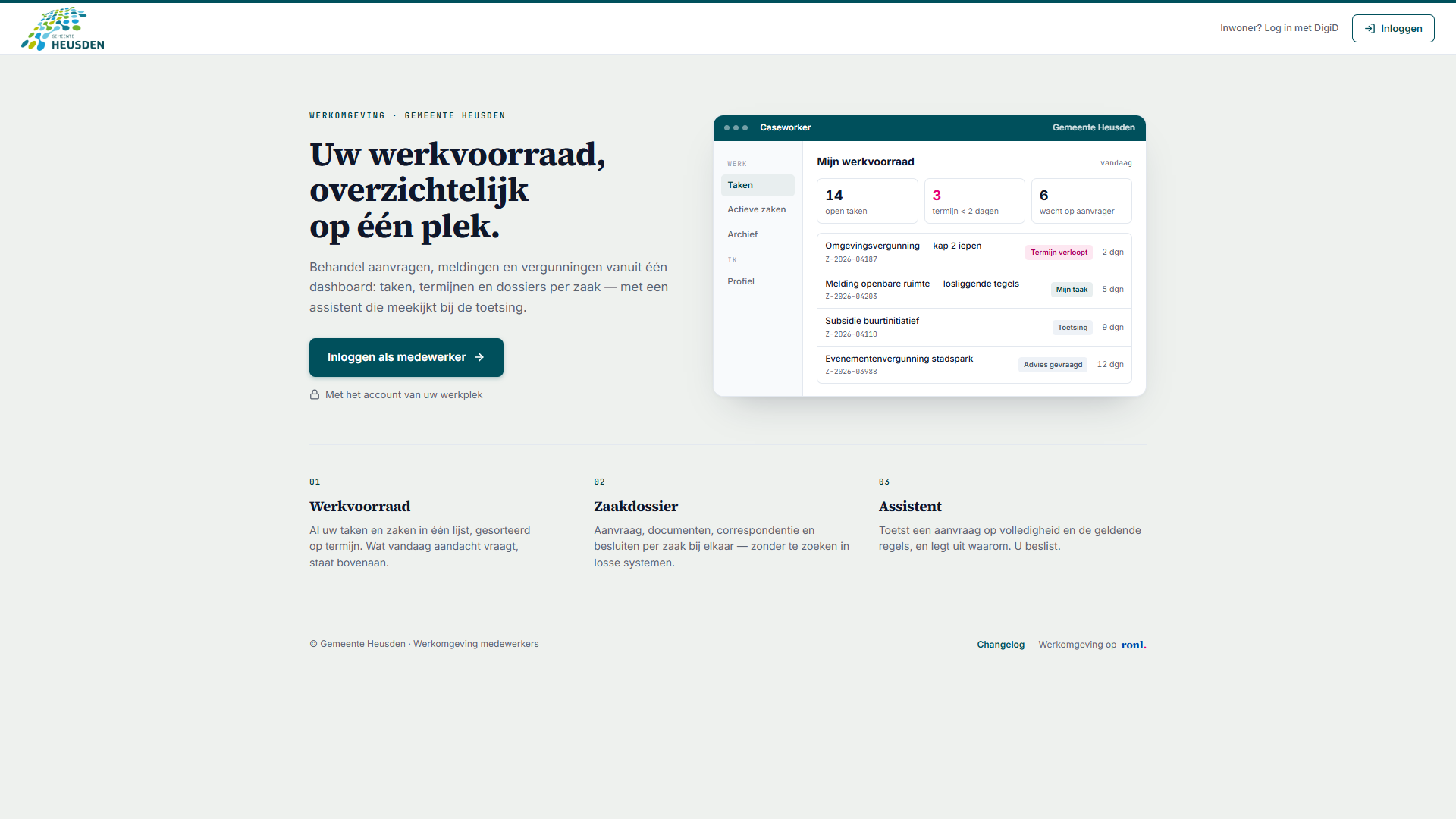Screenshot: Gemeente Heusden's landing page at mijn.open-regels.nl/heusden, with the Heusden logo and colours, the Inloggen als medewerker button and the Inwoner? Log in met DigiD link