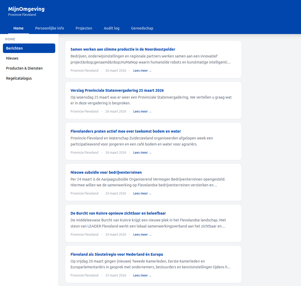 Screenshot: Berichten section showing a list of Provincie Flevoland announcements with subject, preview text, and a 'Lees meer →' link in the card footer
