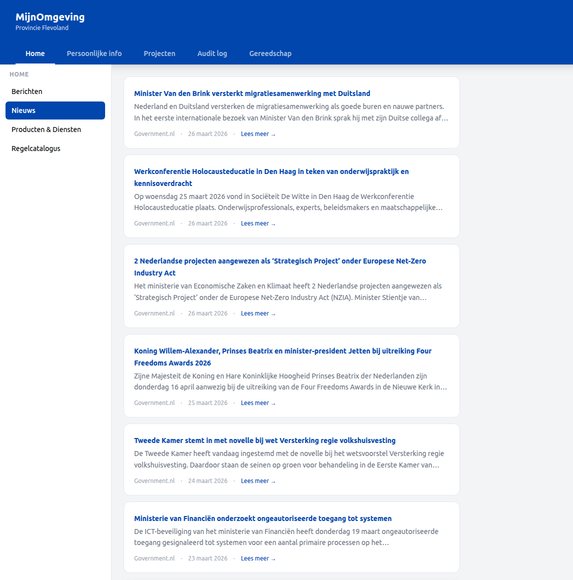 Screenshot: Caseworker Dashboard — Home Nieuws