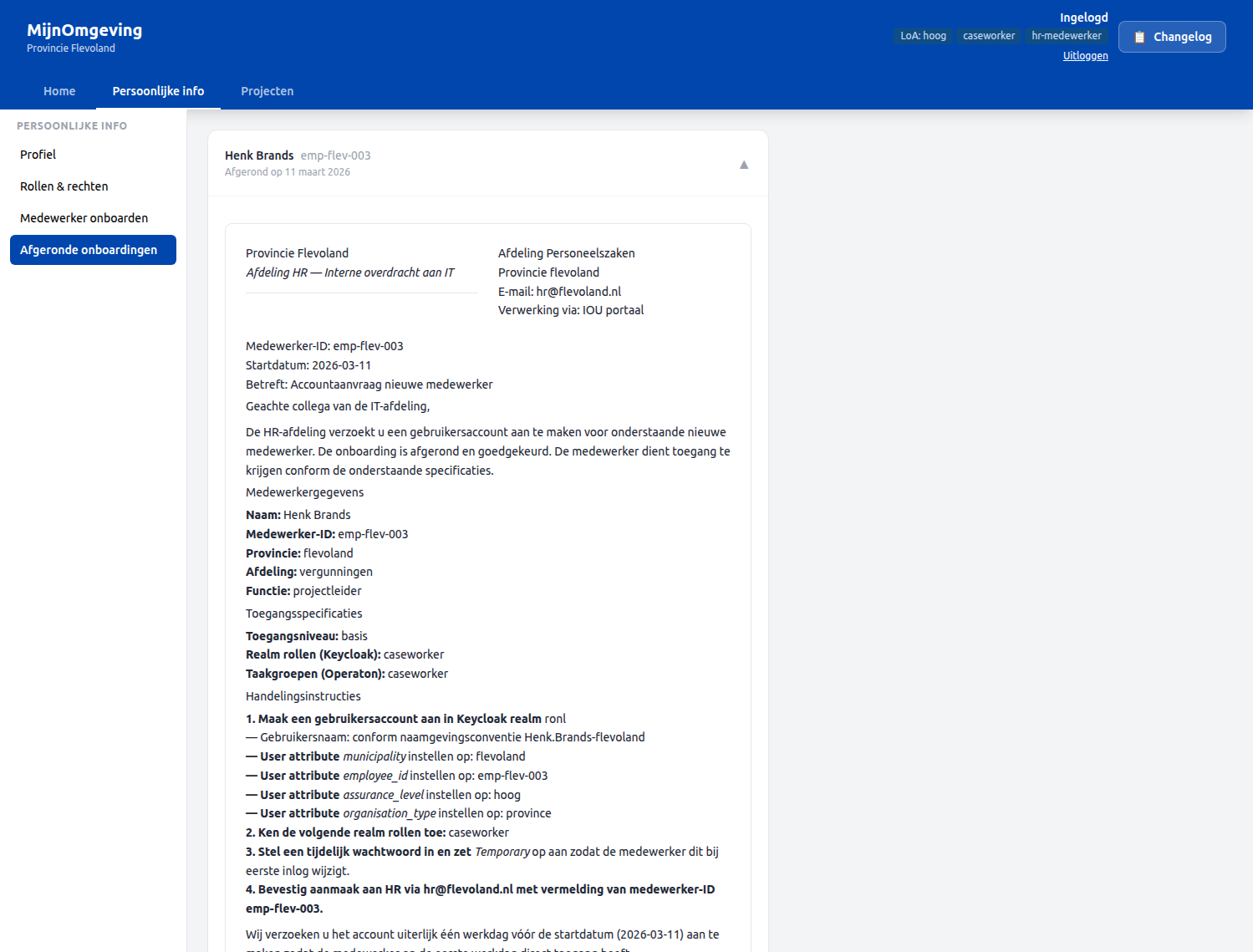 Screenshot: Caseworker Dashboard — Afgeronde onboardingen