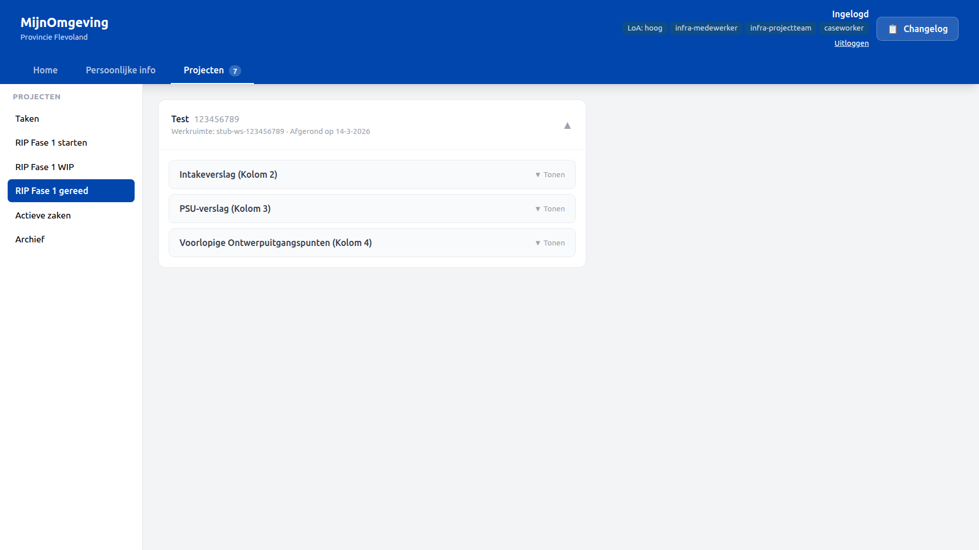 Screenshot: Caseworker Dashboard — RIP Fase 1 gereed