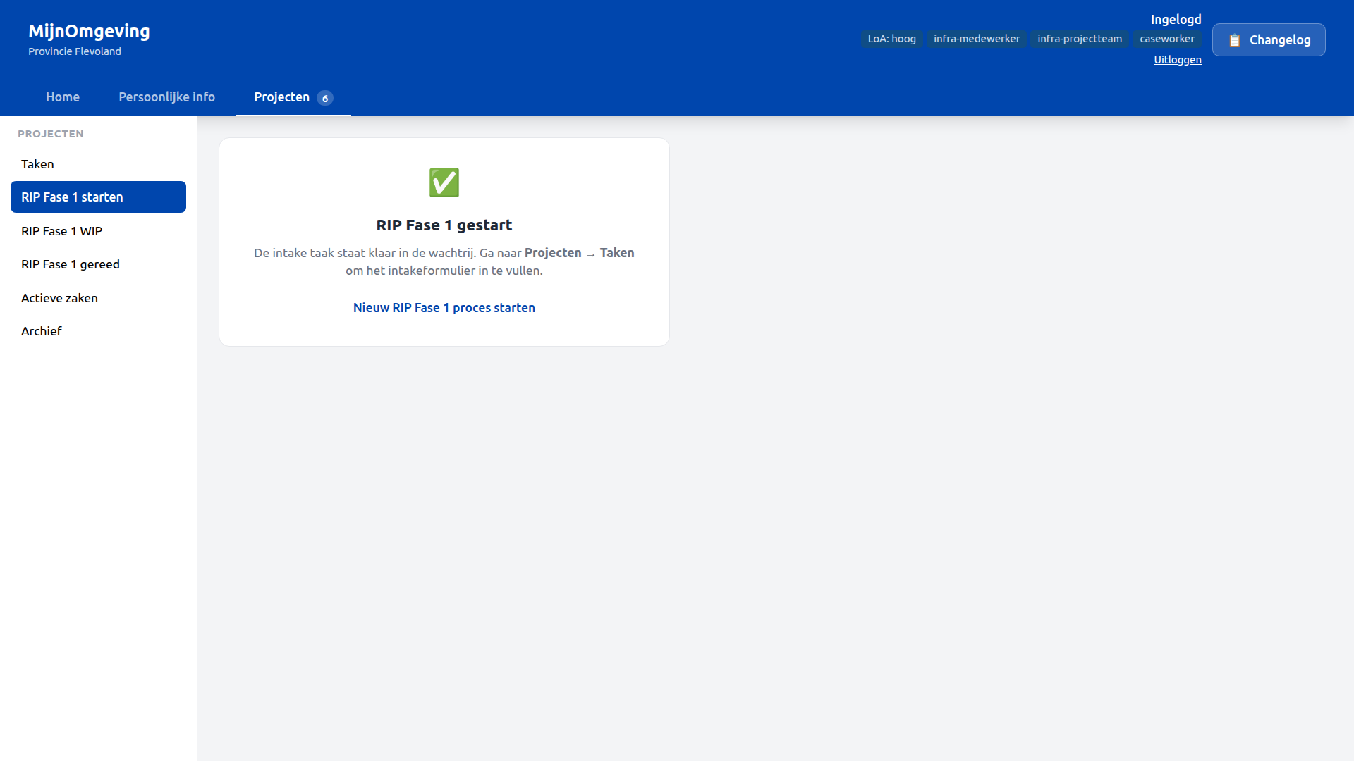 Screenshot: Caseworker Dashboard — RIP Fase 1 starten
