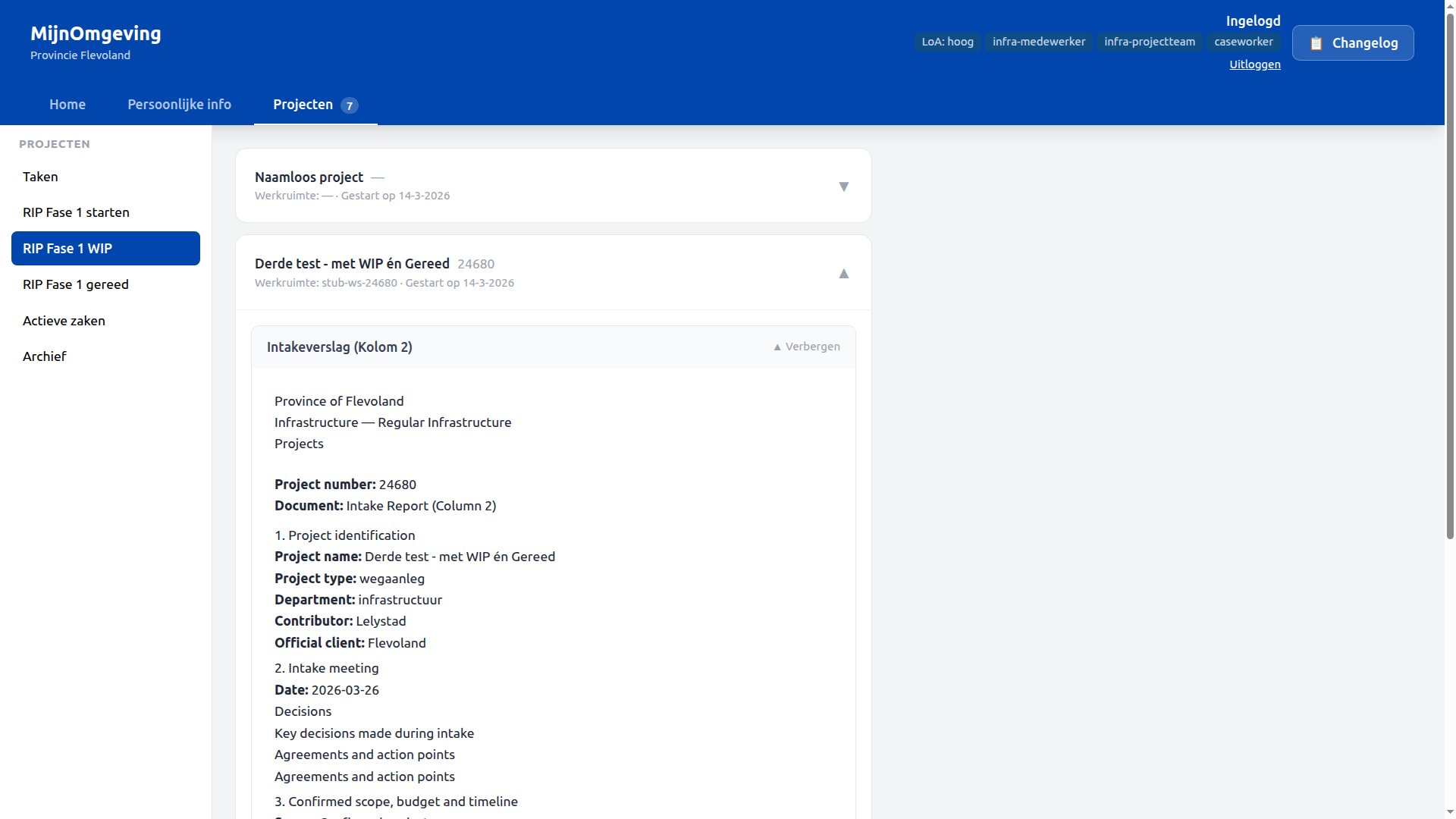 Screenshot: Caseworker Dashboard — RIP Fase 1 WIP