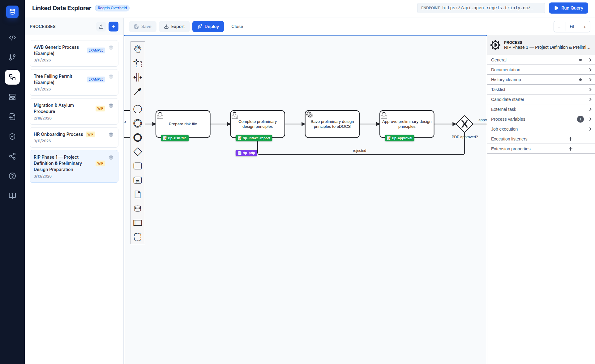 Screenshot: LDE BPMN Canvas — RipPhase1Process