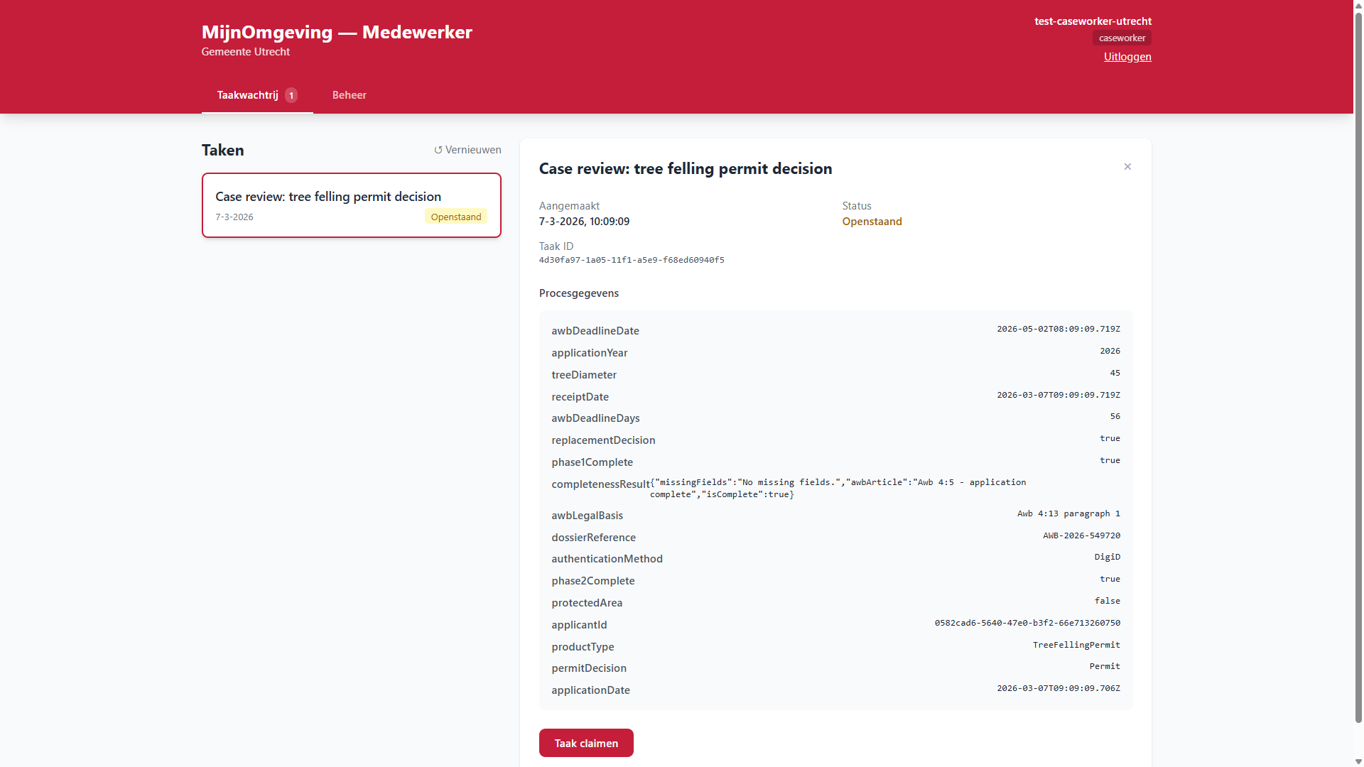 Screenshot: MijnOmgeving — Caseworker AWB Notify Claim