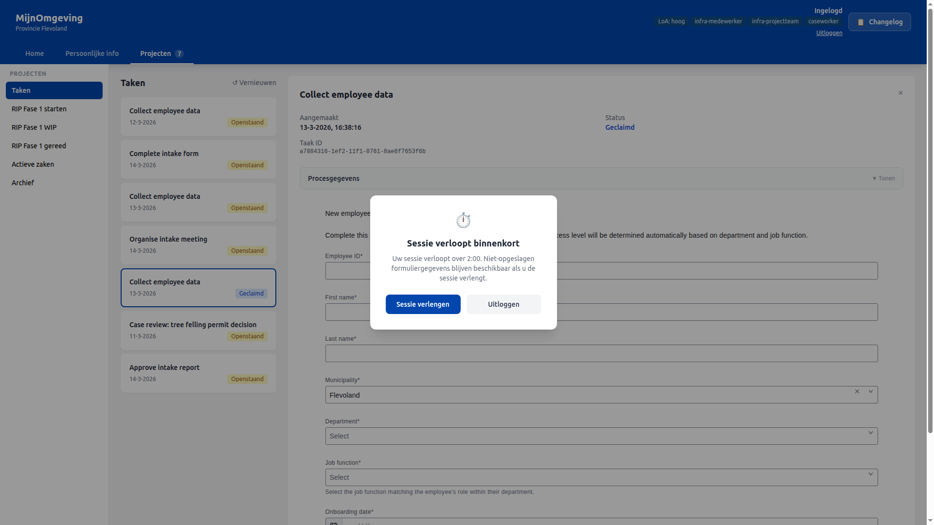 Screenshot: Session expiring warning