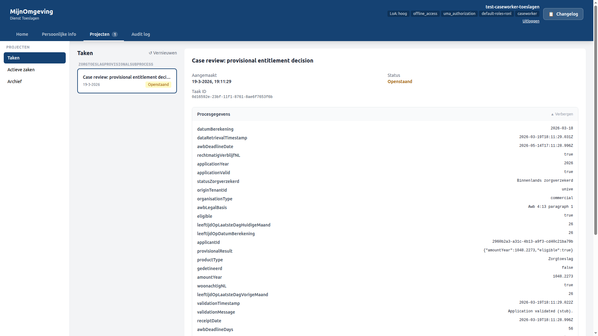 Screenshot: Zorgtoeslag task detail panel with claim button and process variables