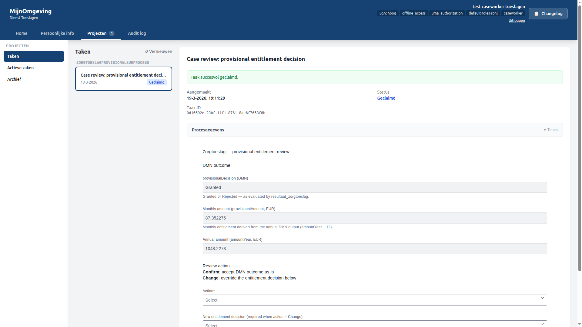 Screenshot: Zorgtoeslag task form rendered by TaskFormViewer