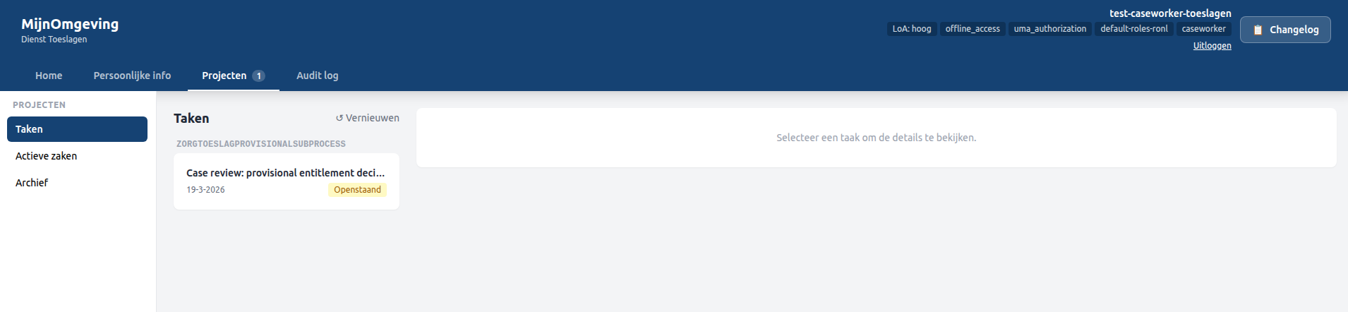 Screenshot: Toeslagen caseworker task queue showing zorgtoeslag task