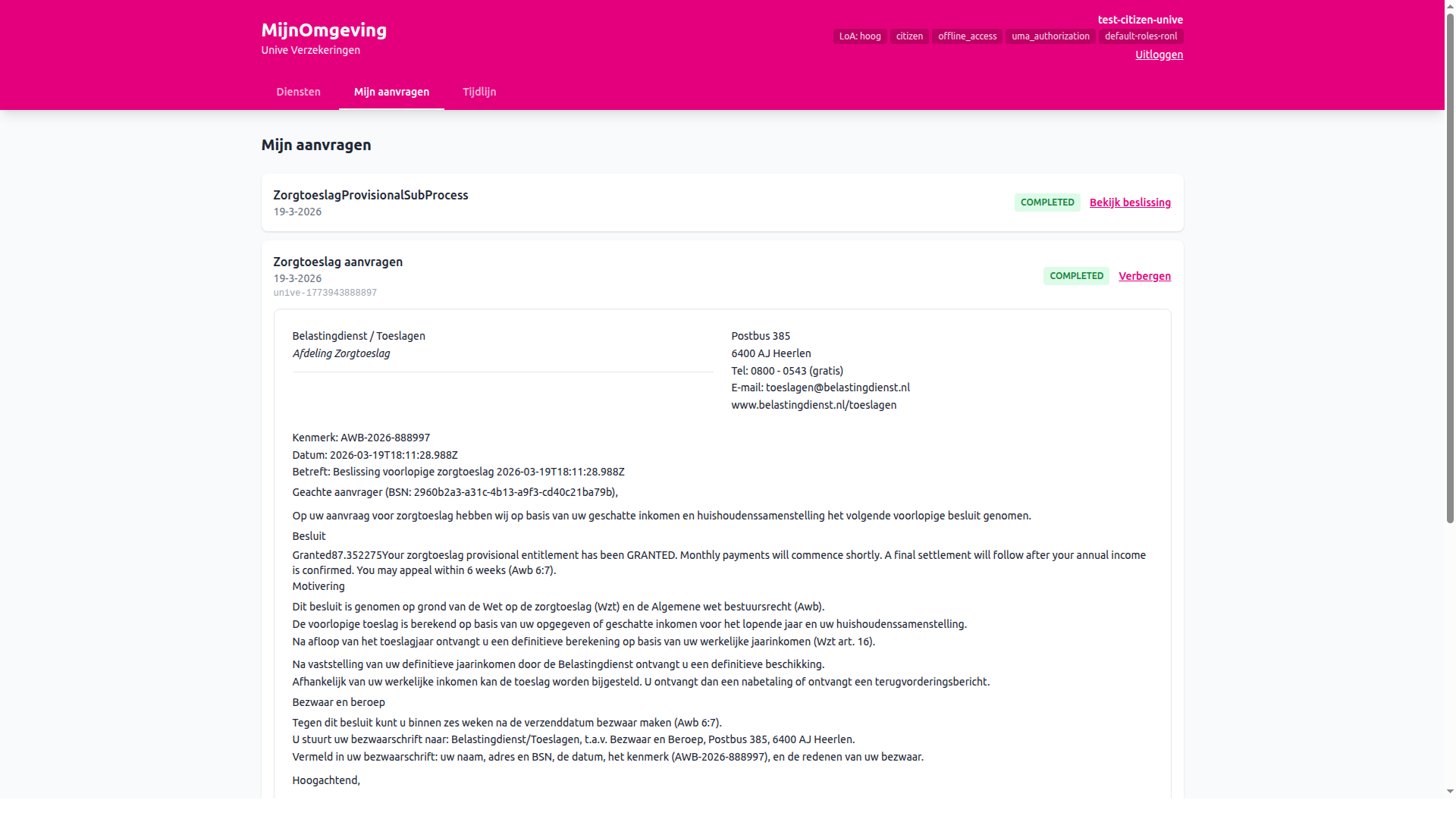 Screenshot: Decision document rendered in Unive MijnOmgeving