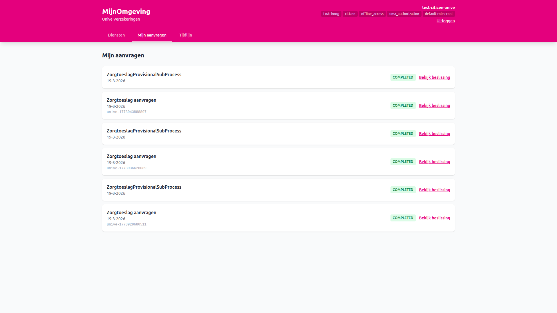Screenshot: Mijn aanvragen list showing the completed zorgtoeslag dossier