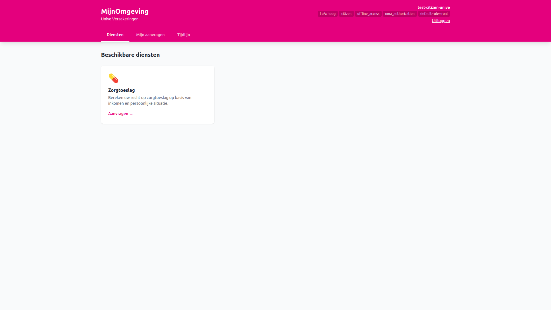 Screenshot: Unive MijnOmgeving — Diensten tab with Zorgtoeslag card