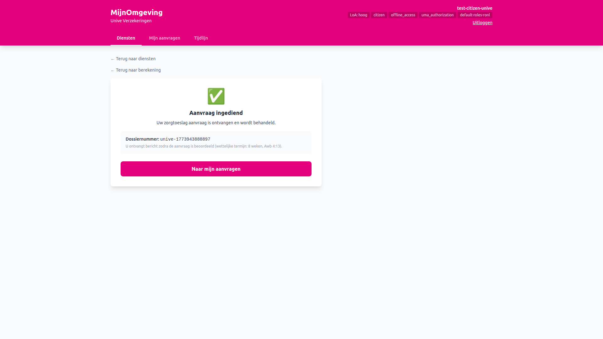 Screenshot: Zorgtoeslag application success card with dossier number