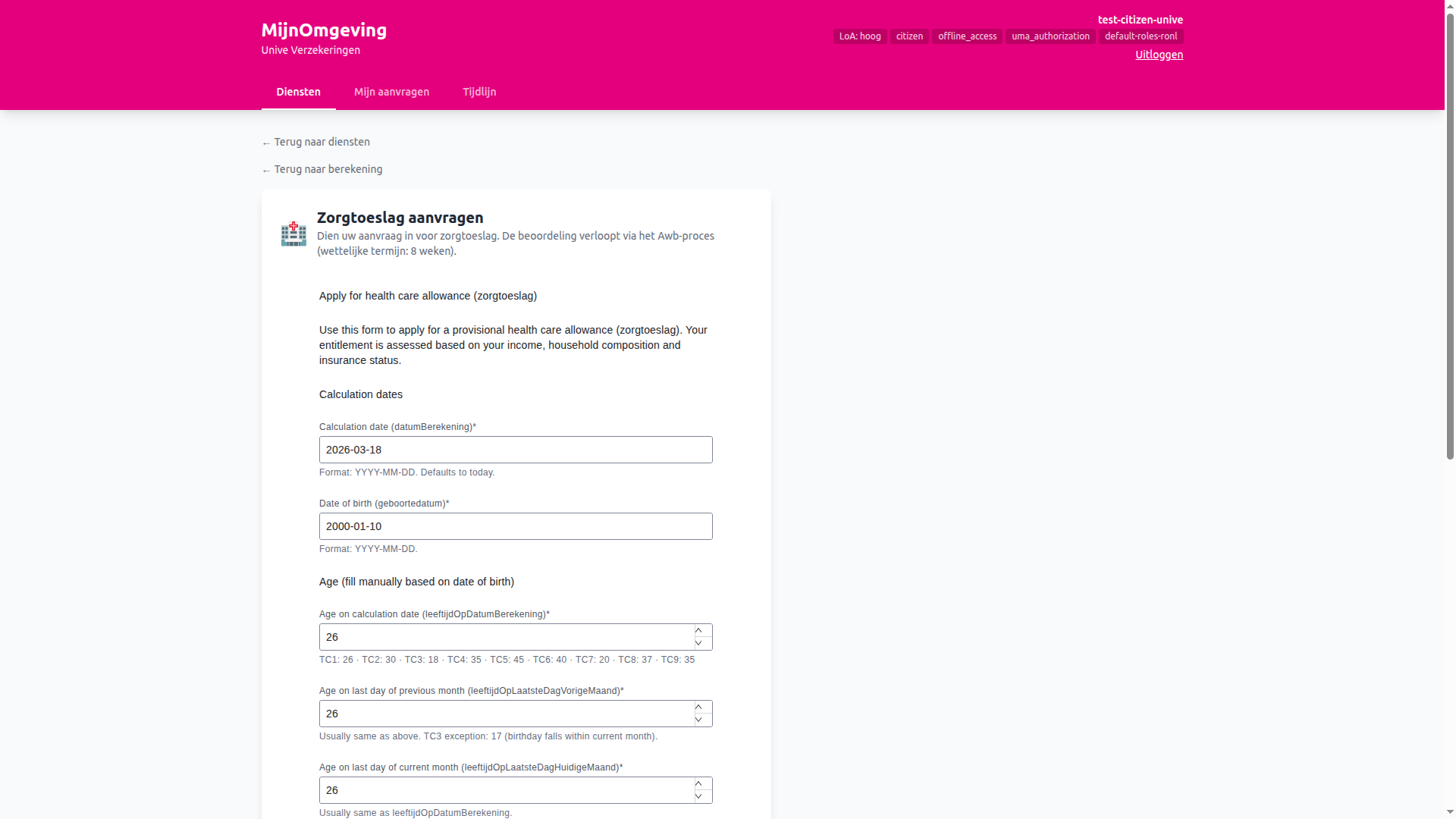 Screenshot: Zorgtoeslag application form pre-filled from calculator